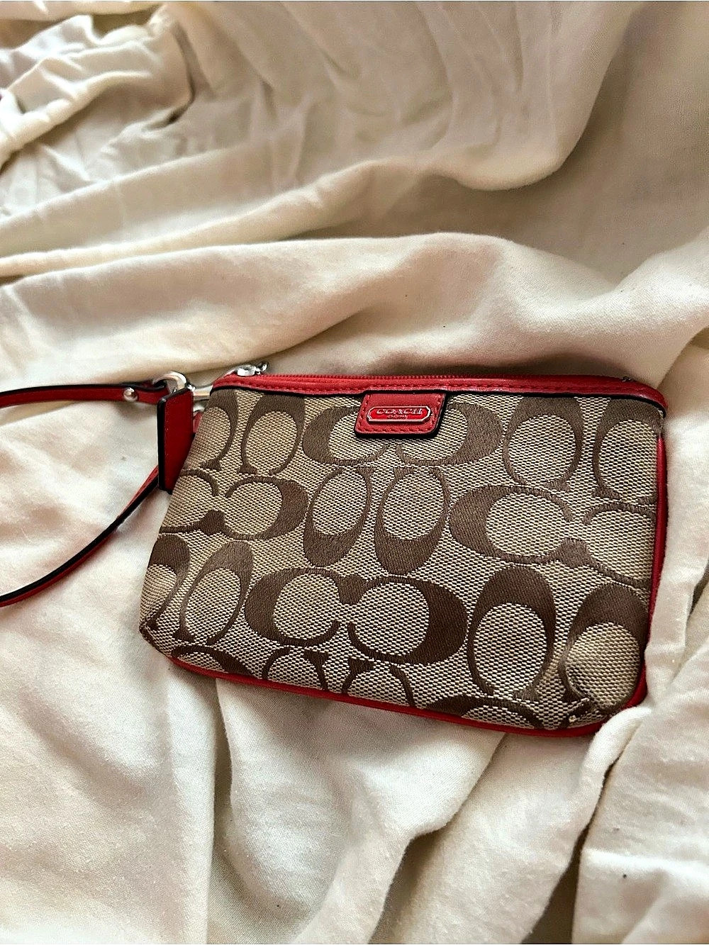 Coach Corner Zip Wristlet In Signature Canvas Brown & Red